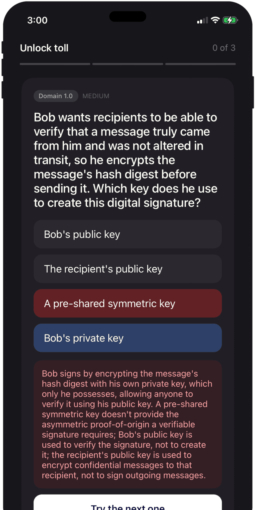 CertLock explaining a wrong quiz answer before a replacement question